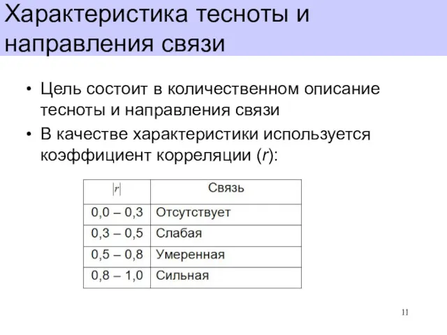 Характеристика тесноты и направления связи Цель состоит в количественном описание