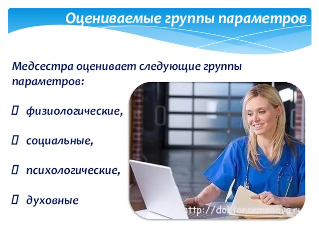 Медсестра оценивает следующие группы параметров: физиологические, социальные, психологические, духовные Оцениваемые группы параметров