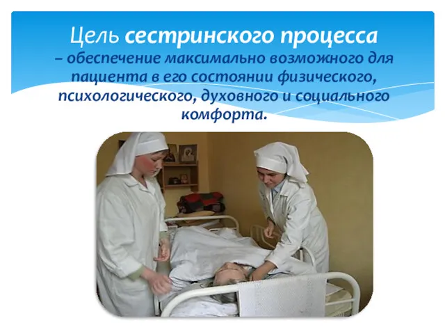 Цель сестринского процесса – обеспечение максимально возможного для пациента в его состоянии физического,