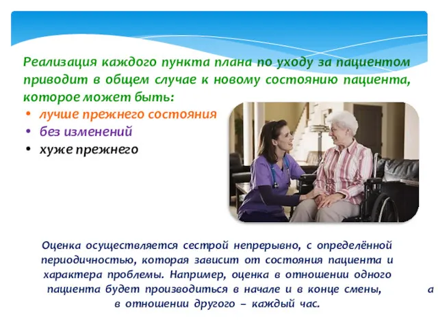 Реализация каждого пункта плана по уходу за пациентом приводит в общем случае к