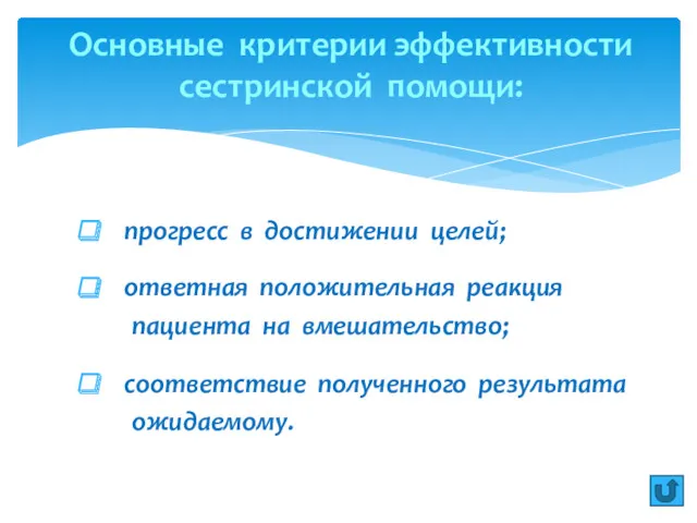 прогресс в достижении целей; ответная положительная реакция пациента на вмешательство;