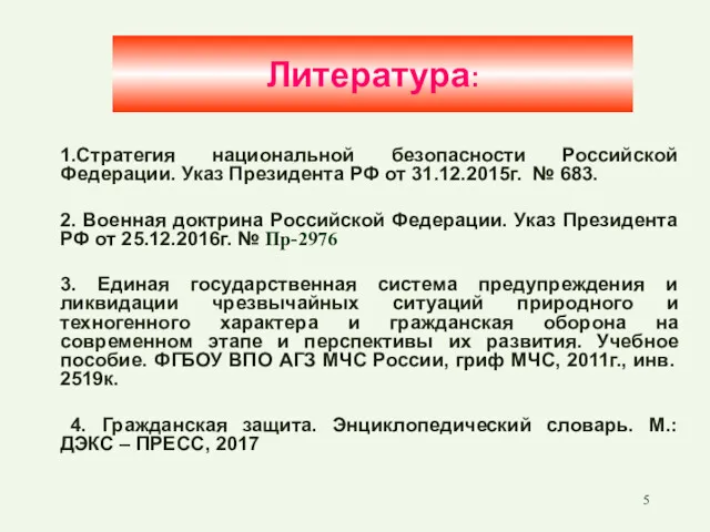 Литература: 1.Стратегия национальной безопасности Российской Федерации. Указ Президента РФ от