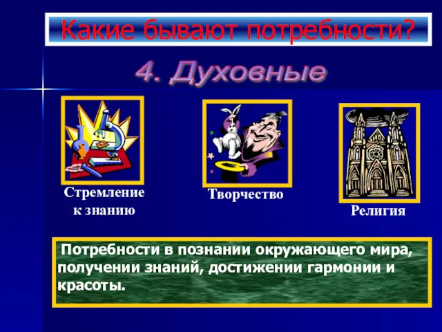 Какие бывают потребности? 4. Духовные Потребности в познании окружающего мира, получении знаний, достижении гармонии и красоты.