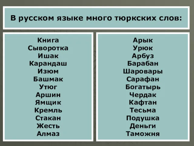В русском языке много тюркских слов: Книга Сыворотка Ишак Карандаш