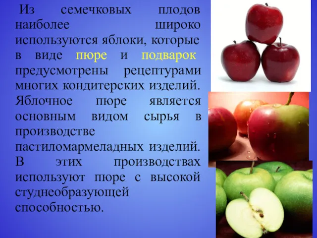Из семечковых плодов наиболее широко используются яблоки, которые в виде