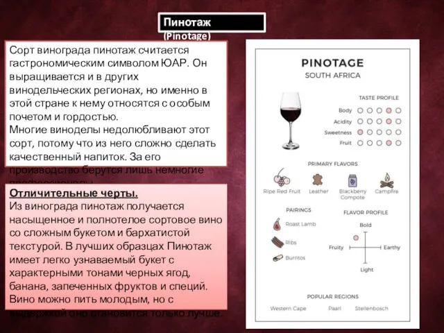 Пинотаж (Pinotage) Сорт винограда пинотаж считается гастрономическим символом ЮАР. Он