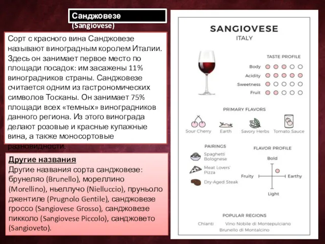 Санджовезе (Sangiovese) Сорт с красного вина Санджовезе называют виноградным королем