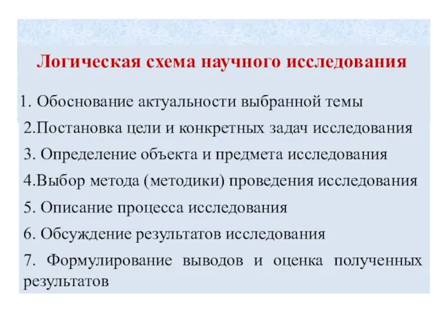 Логическая схема научного исследования Обоснование актуальности выбранной темы 2.Постановка цели