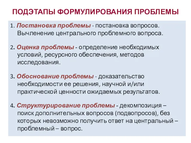 ПОДЭТАПЫ ФОРМУЛИРОВАНИЯ ПРОБЛЕМЫ 1. Постановка проблемы - постановка вопросов. Вычленение