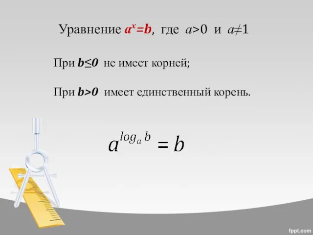 Уравнение ах=b, где а>0 и а≠1 При b≤0 не имеет корней; При b>0 имеет единственный корень.