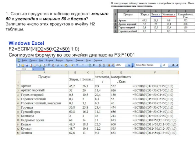 1. Сколько продуктов в таблице содержат меньше 50 г углеводов