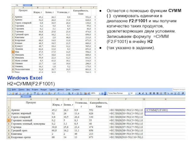 Windows Excel H2=СУММ(F2:F1001) Остается с помощью функции СУММ ( )