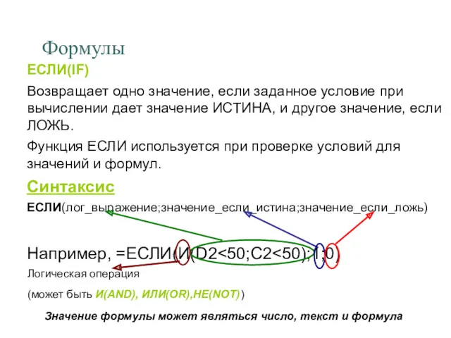 Формулы ЕСЛИ(IF) Возвращает одно значение, если заданное условие при вычислении