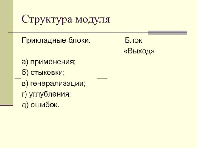 Структура модуля Прикладные блоки: Блок «Выход» а) применения; б) стыковки; в) генерализации; г) углубления; д) ошибок.