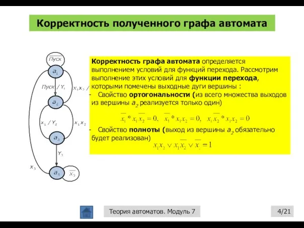Корректность полученного графа автомата /21 Теория автоматов. Модуль 7 Корректность графа автомата определяется