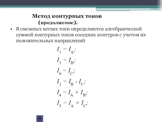 В смежных ветвях токи определяются алгебраической суммой контурных токов соседних