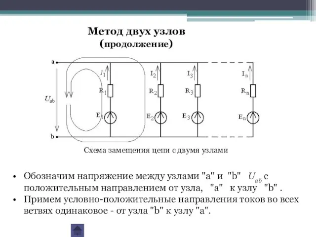 Схема замещения цепи с двумя узлами Обозначим напряжение между узлами