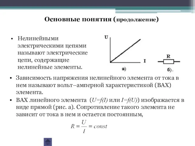 Нелинейными электрическими цепями называют электрические цепи, содержащие нелинейные элементы. Основные