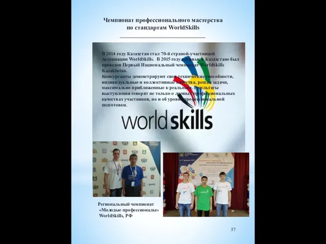 В 2014 году Казахстан стал 70-й страной-участницей Ассоциации WorldSkills. В