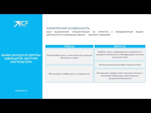 WWW.ICF.UA БАНКИ ЗАПАДНОЙ ЕВРОПЫ: ШВЕЙЦАРИЯ, АВСТРИЯ, ЛИХТЕНШТЕЙН Респектабельность и многолетние