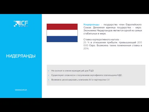 WWW.ICF.UA НИДЕРЛАНДЫ Нидерланды – государство член Европейского Союза. Денежная единица