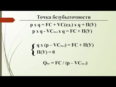 Точка безубыточности p x q = FC + VC(ед.) х q + П(У)