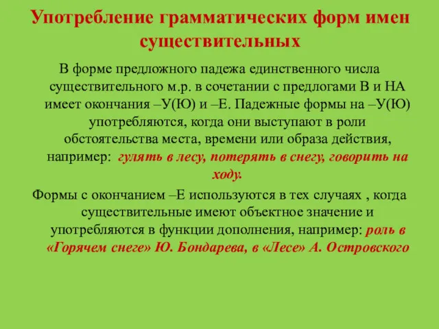 Употребление грамматических форм имен существительных В форме предложного падежа единственного