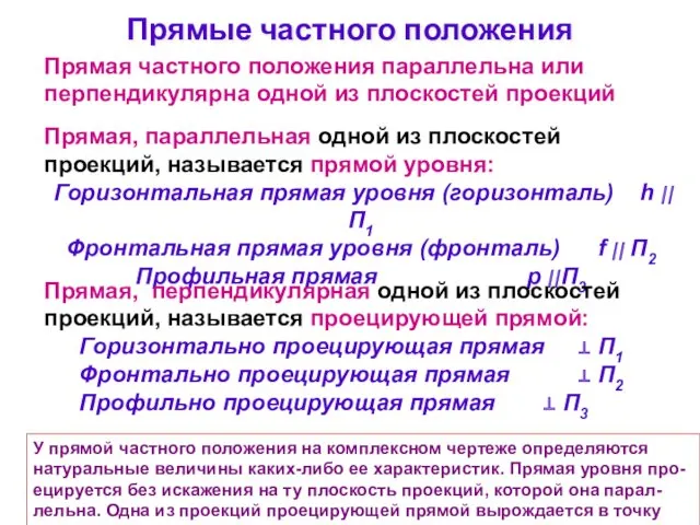 У прямой частного положения на комплексном чертеже определяются натуральные величины