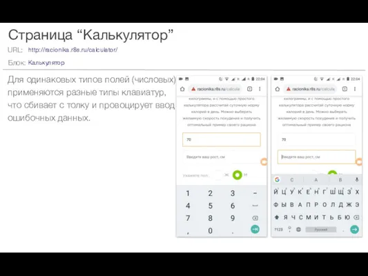 Страница “Калькулятор” Для одинаковых типов полей (числовых) применяются разные типы