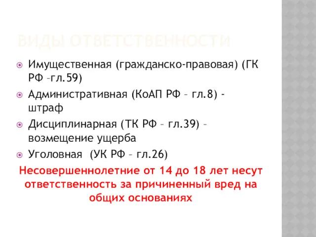 ВИДЫ ОТВЕТСТВЕННОСТИ Имущественная (гражданско-правовая) (ГК РФ –гл.59) Административная (КоАП РФ