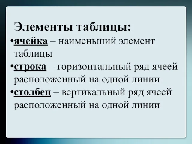 Элементы таблицы: ячейка – наименьший элемент таблицы строка – горизонтальный