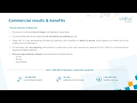 Commercial results & benefits The key features of Beep Call: The service is