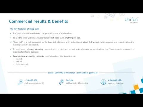 Commercial results & benefits The key features of Beep Call: