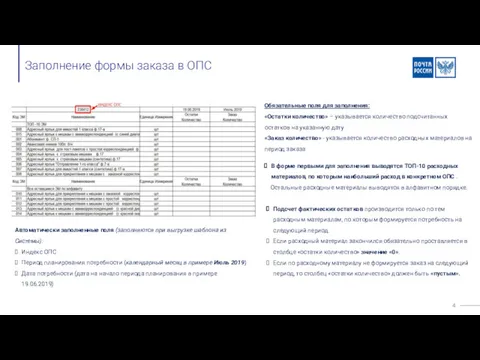 Заполнение формы заказа в ОПС Обязательные поля для заполнения: «Остатки