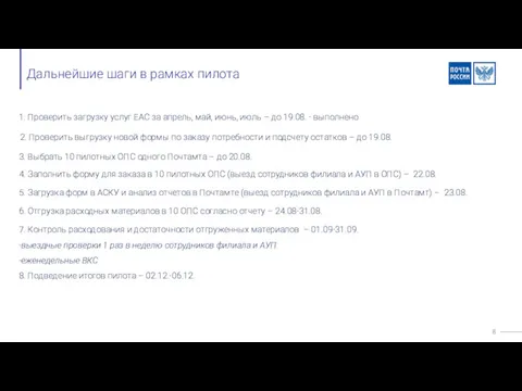 Дальнейшие шаги в рамках пилота 1. Проверить загрузку услуг ЕАС