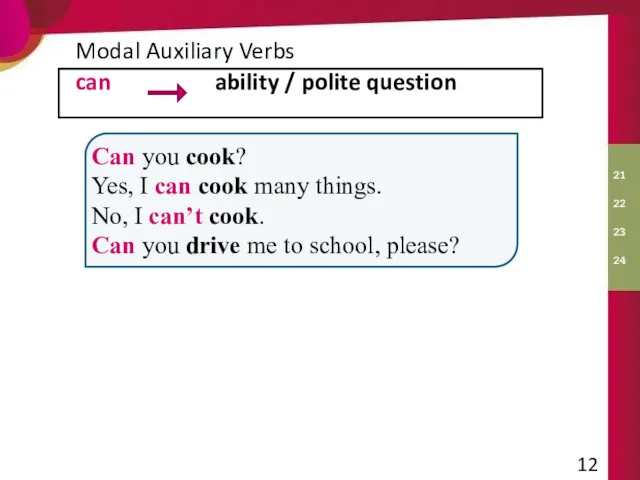 can ability / polite question Modal Auxiliary Verbs Can you