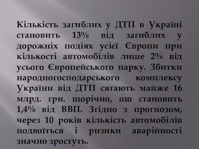 Кількість загиблих у ДТП в Україні становить 13% від загиблих