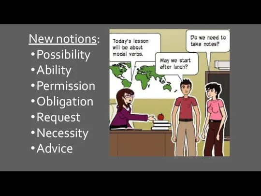 New notions: Possibility Ability Permission Obligation Request Necessity Advice
