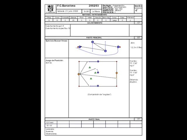 Ejercicio Buscar lineas: Lesionados: Ausencias: Observaciones: Calentamiento gen 3’ Calentamiento