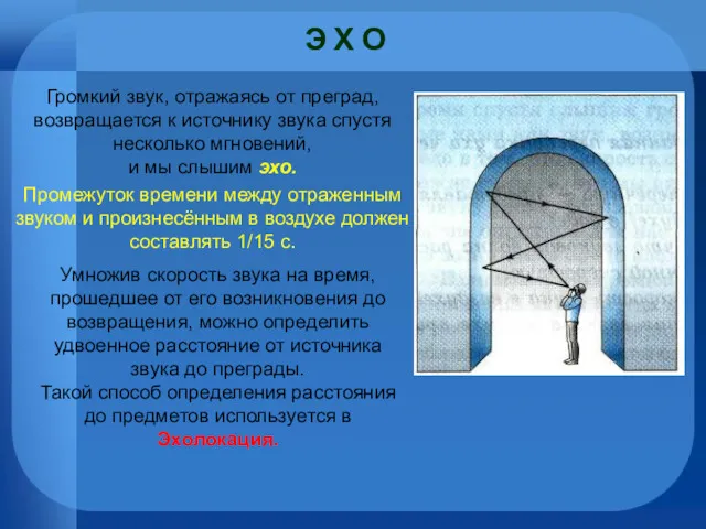 Э Х О Громкий звук, отражаясь от преград, возвращается к