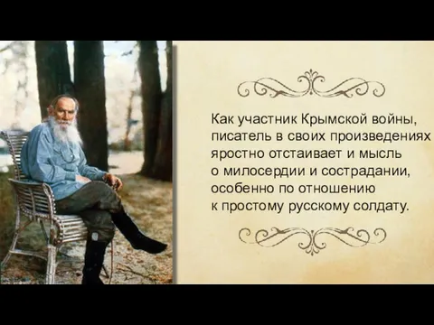 Как участник Крымской войны, писатель в своих произведениях яростно отстаивает