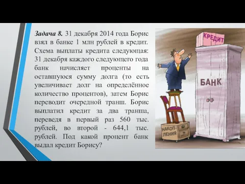 Задача 8. 31 декабря 2014 года Борис взял в банке 1 млн рублей