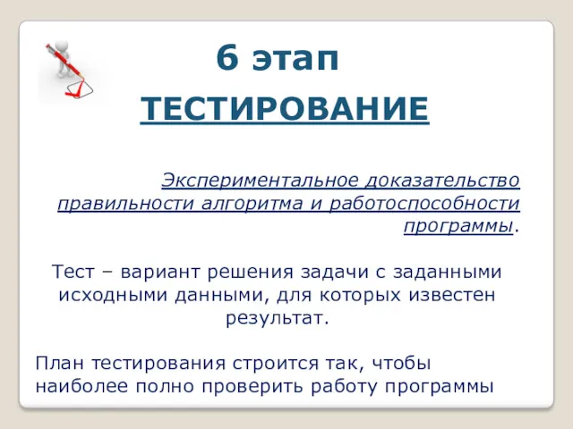 6 этап ТЕСТИРОВАНИЕ Экспериментальное доказательство правильности алгоритма и работоспособности программы.