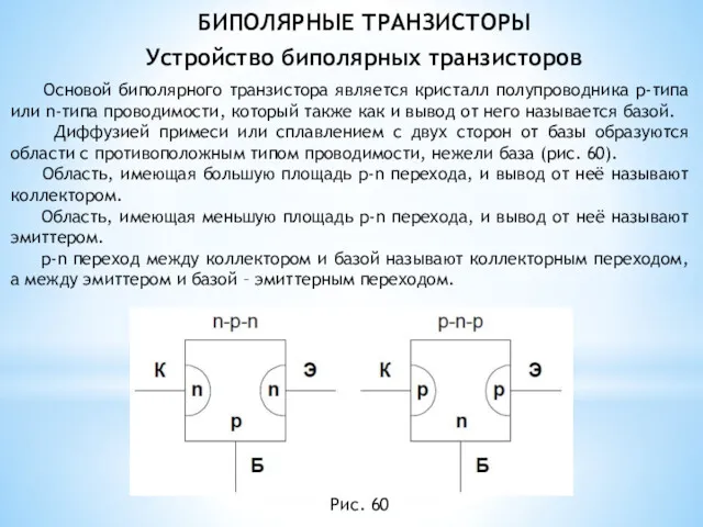 БИПОЛЯРНЫЕ ТРАНЗИСТОРЫ Устройство биполярных транзисторов Основой биполярного транзистора является кристалл