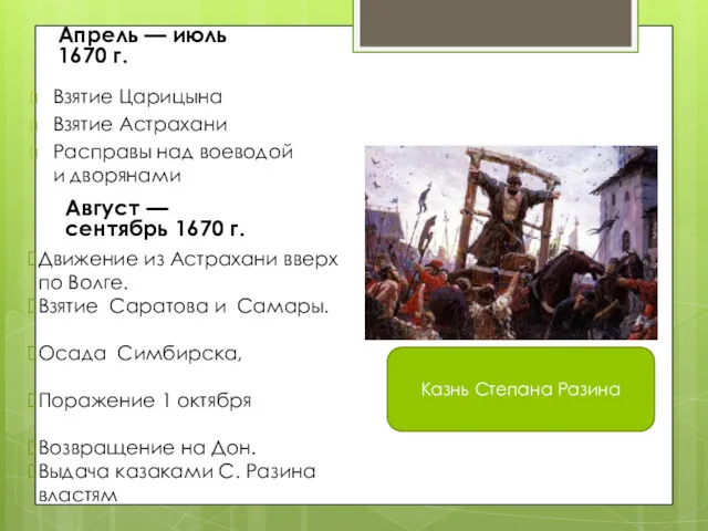 Апрель — июль 1670 г. Взятие Царицына Взятие Астрахани Расправы