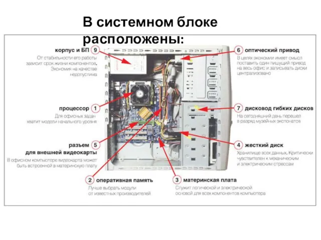 В системном блоке расположены: