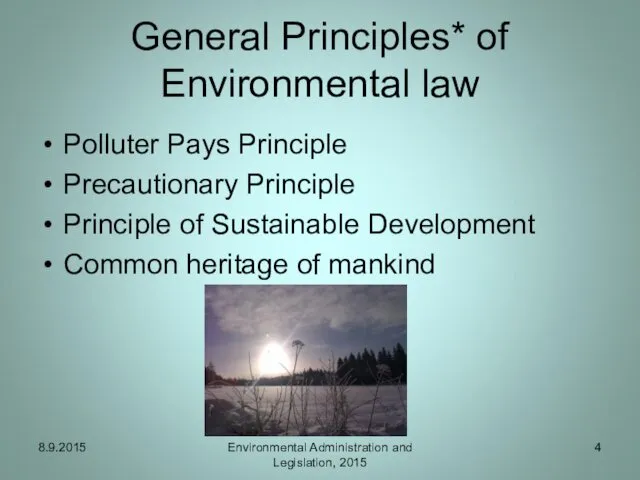 General Principles* of Environmental law Polluter Pays Principle Precautionary Principle