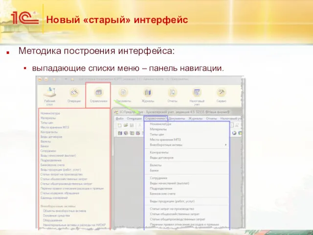 Новый «старый» интерфейс Методика построения интерфейса: выпадающие списки меню – панель навигации.