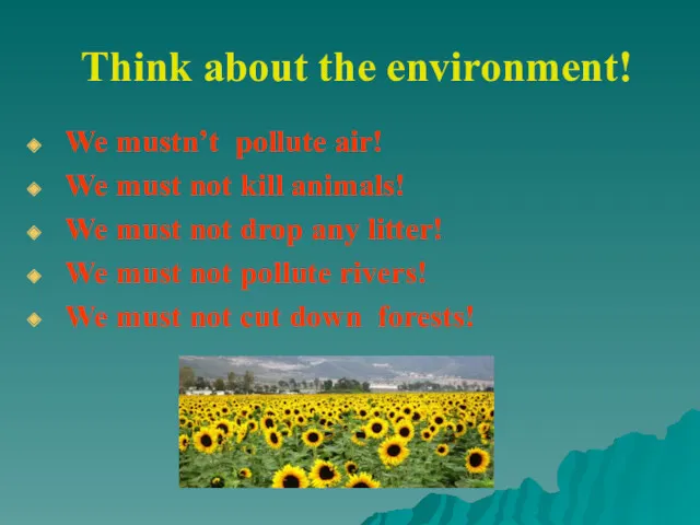 Think about the environment! We mustn’t pollute air! We must