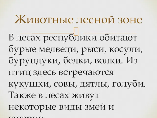 В лесах республики обитают бурые медведи, рыси, косули, бурундуки, белки,